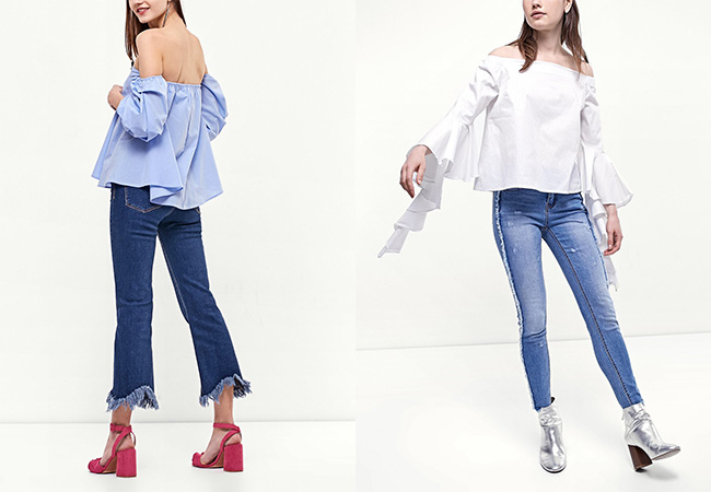 Volants, ruches e spalle scoperte moda primavera estate camicie